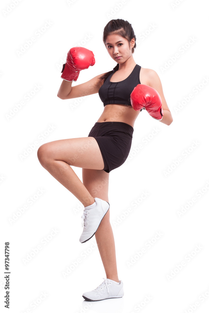 Full length fitness woman with the red boxing gloves Full length fitness woman with the red boxing gloves