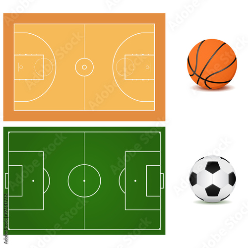 Basketball court. Basketball ball and Soccer field. Soccer ball. 