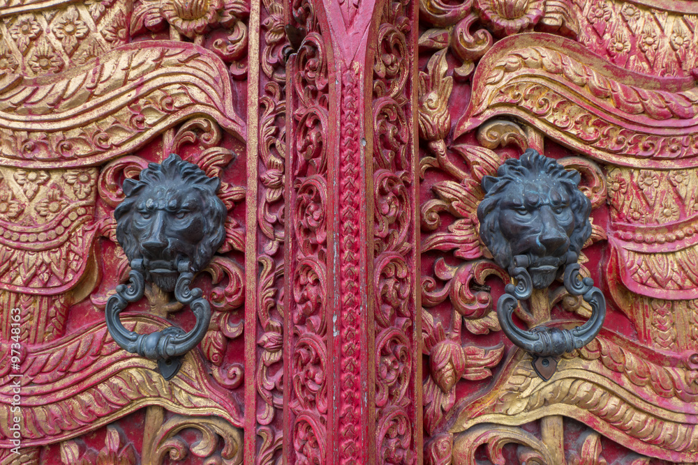 ancient door with  doorknob lion