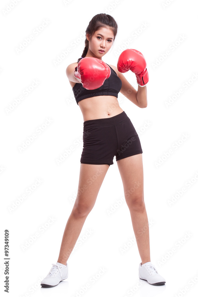 Boxer - fitness woman boxing wearing boxing gloves on white background. Boxer - fitness woman boxing wearing boxing gloves on white background.