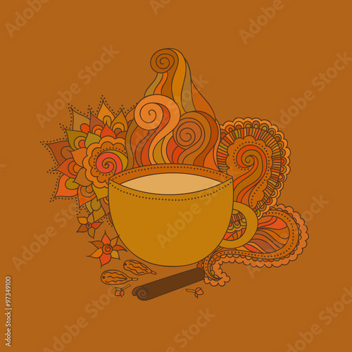 Cup of masala tea and flavoring, ethnic pattern