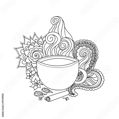 Cup of masala tea and flavoring, ethnic pattern