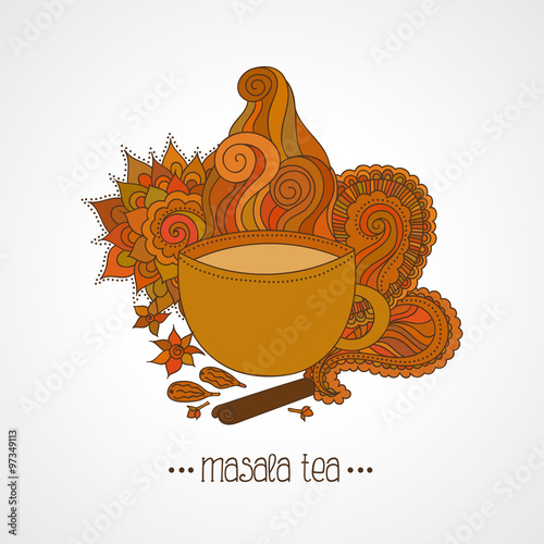 Cup of masala tea and flavoring, ethnic pattern