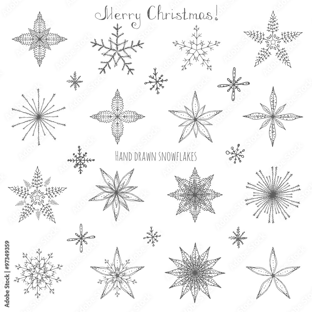 Set of hand drawn snowflakes Christmas ornaments made from decorative snowflakes vector sketch illustration Christmas background with white snowflakes on dark background Set of hand drawn snowflakes Christmas ornaments made from decorative snowflakes vector sketch illustration Christmas background with white snowflakes on dark background
