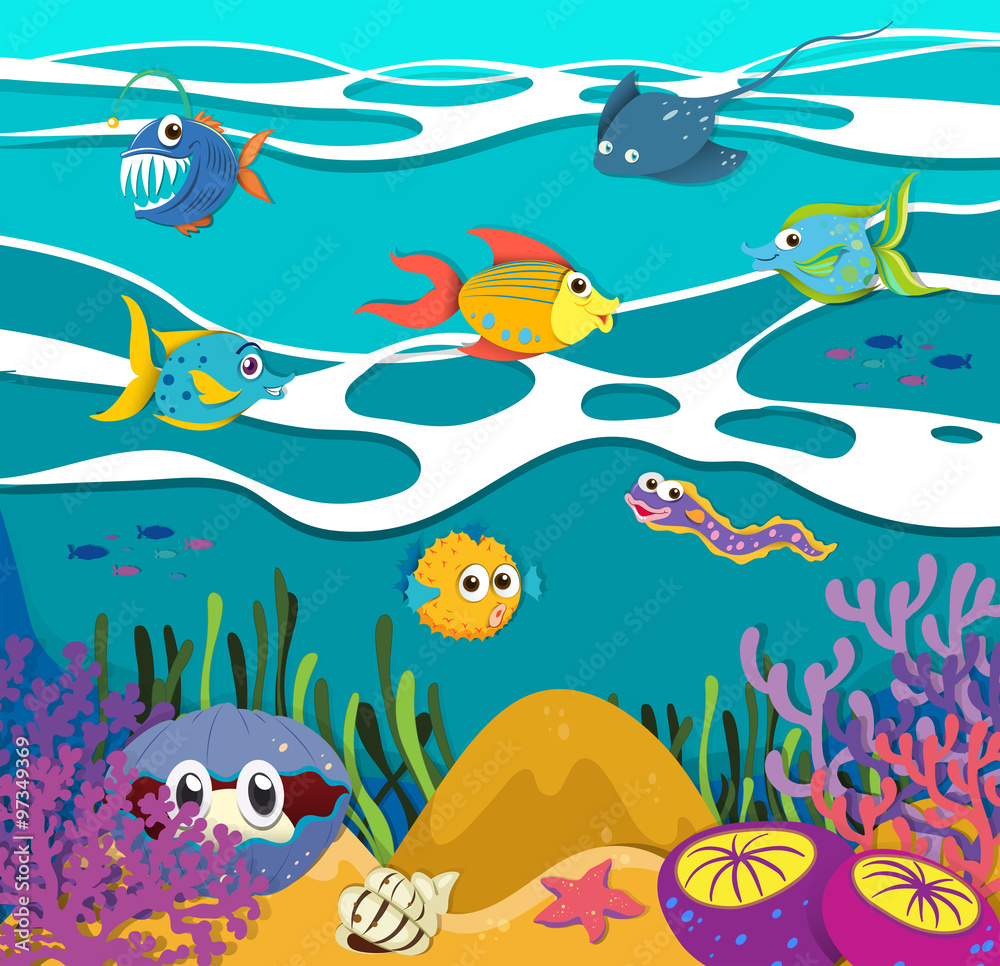 Fish and sea animals underwater Fish and sea animals underwater