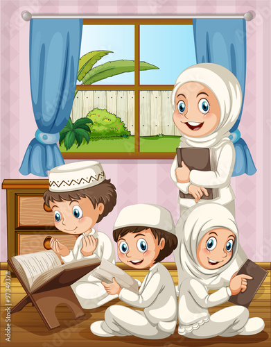 Muslim family praying in the house