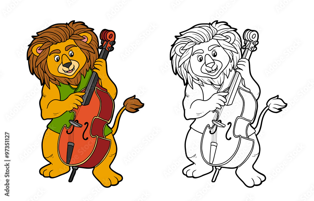 Fototapeta premium Coloring book for children: lion and cello