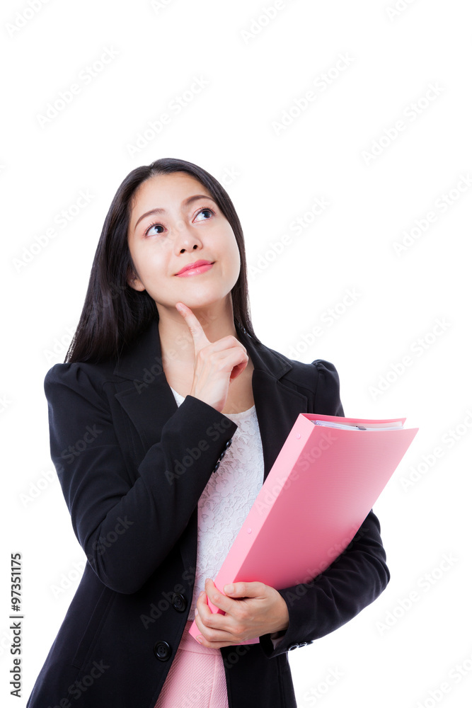 Beautiful thoughtful woman looking up with finger at face, isolated on white background Beautiful thoughtful woman looking up with finger at face, isolated on white background