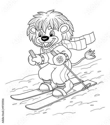 Fototapeta Naklejka Na Ścianę i Meble -  Coloring book for children: little lion skiing