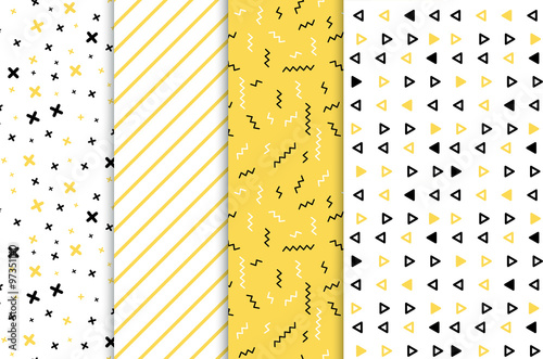 Set of 4 seamless patterns in yellow colors with geometric elements. Patern hipster style. Paterna suitable for posters, postcards, fabric or wrapping paper
