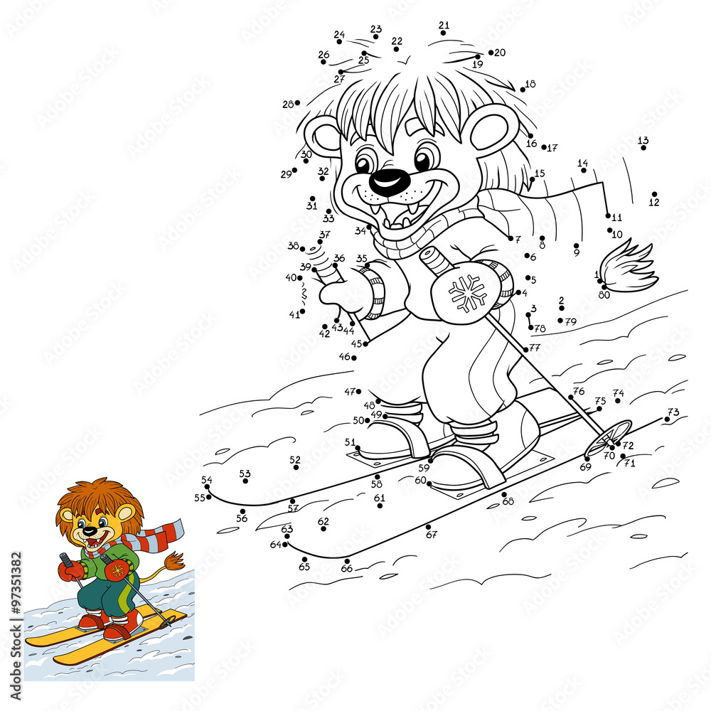 Fototapeta premium Numbers game for children: little lion skiing