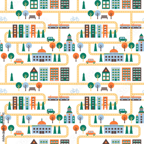 City vector seamless pattern with road. Minimalistic design. Yellow, orange, brown, light blue and turquoise.