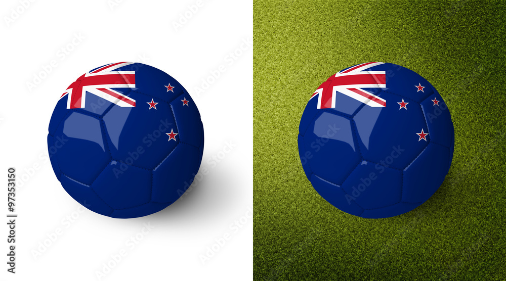 Fototapeta premium 3d realistic soccer ball with the flag of New Zealand on it isolated on white background and on green soccer field. See whole set for other countries. 