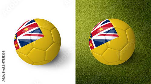 3d realistic soccer ball with the flag of Niue on it isolated on white background and on green soccer field. See whole set for other countries.  