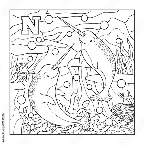 Coloring book (narwhal), colorless illustration (letter N)