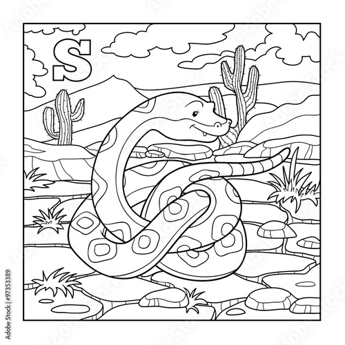 Coloring book (snake), colorless illustration (letter S) photo