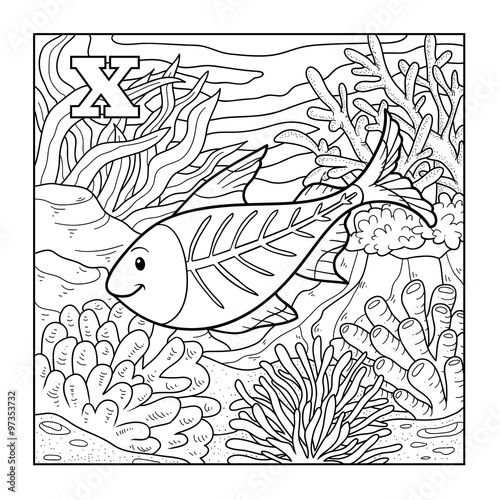 Coloring book (x-ray fish), colorless illustration (letter X)