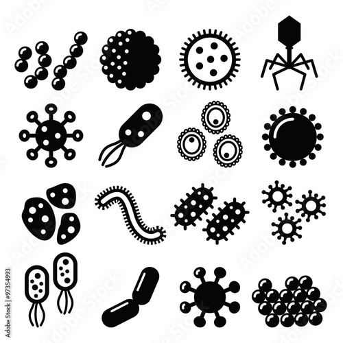 Virus, bacteria, superbug vector icons set 