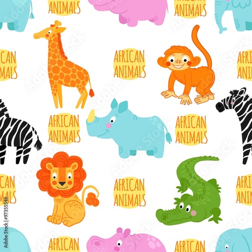 African animals vector seamless pattern: elephant, rhino, hippo,