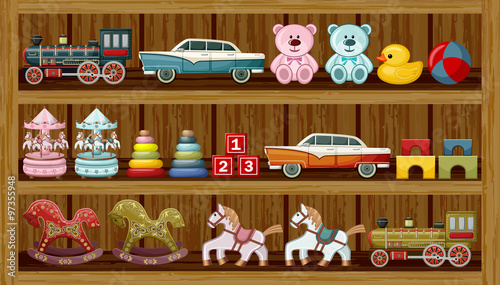Vintage toys on the shelf. Vector