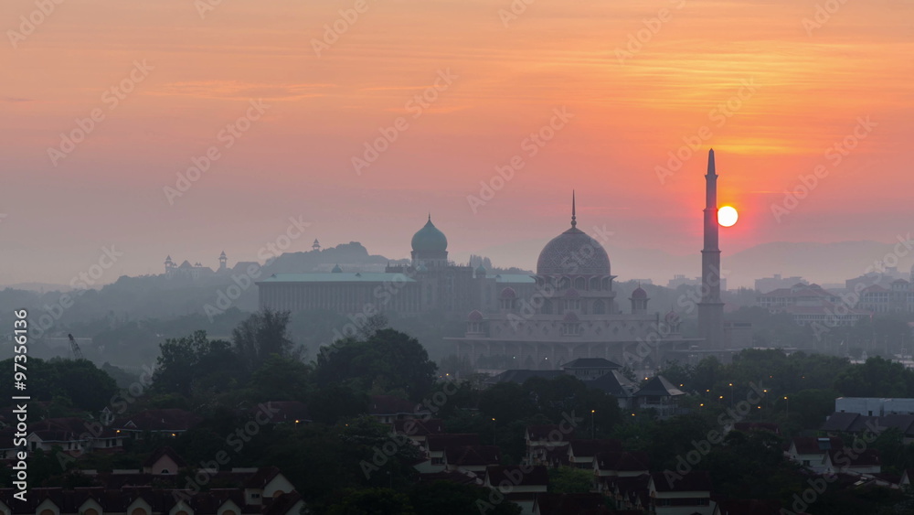 custom made wallpaper toronto digitalTime lapse 4k Footage of Beautiful hazy sunrise At Putra Mosque, Putrajaya view from rooftop of a building. Zoom out