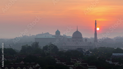 Wallpaper Mural Time lapse 4k Footage of Beautiful hazy sunrise At Putra Mosque, Putrajaya view from rooftop of a building. Zoom out Torontodigital.ca