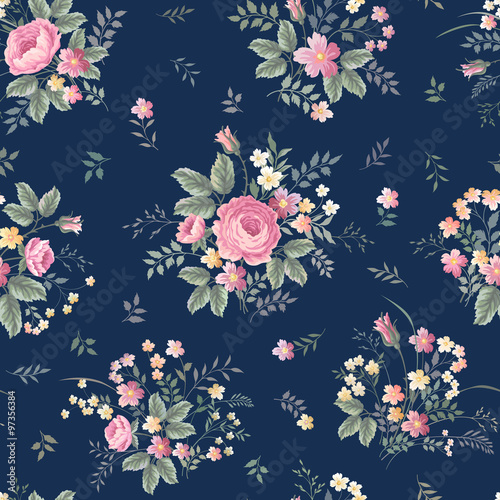 seamless floral pattern with rose bouquet ondark blue background photo