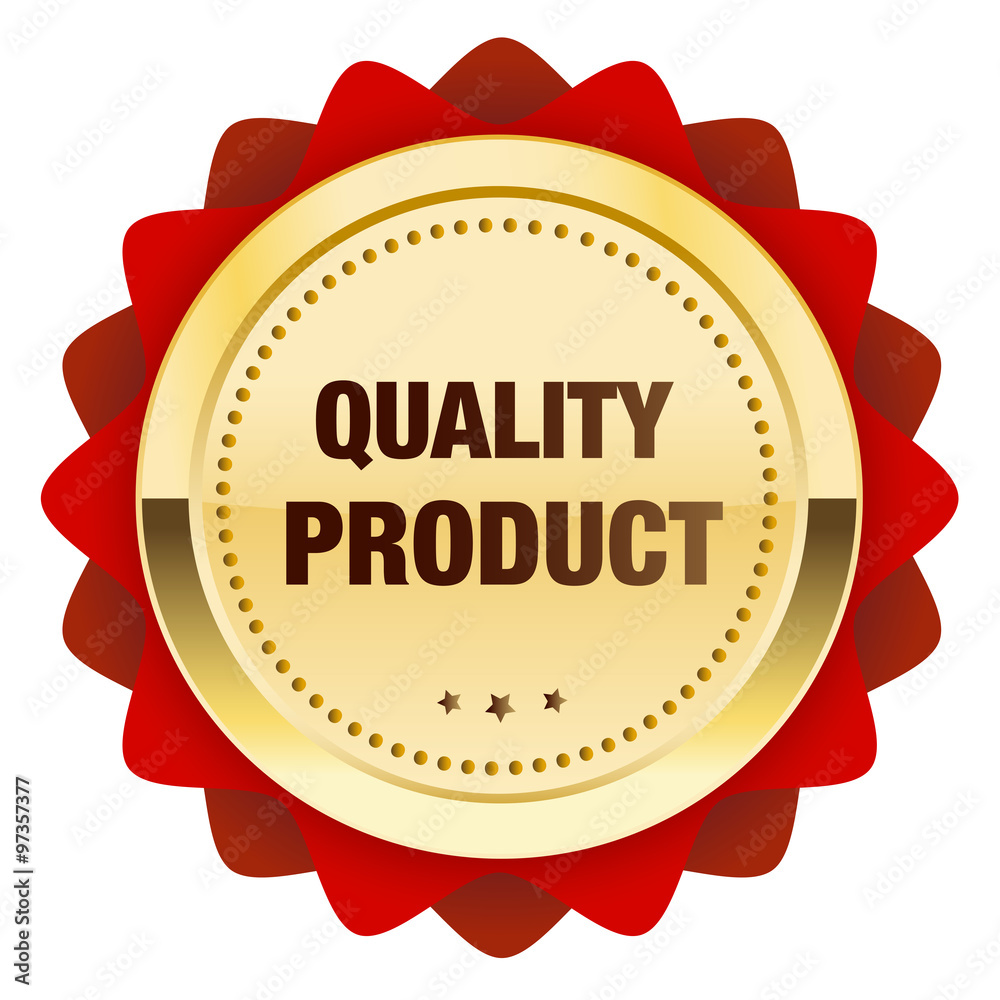 Quality product seal or icon. Glossy golden seal or button with stars and red color. Quality product seal or icon. Glossy golden seal or button with stars and red color.