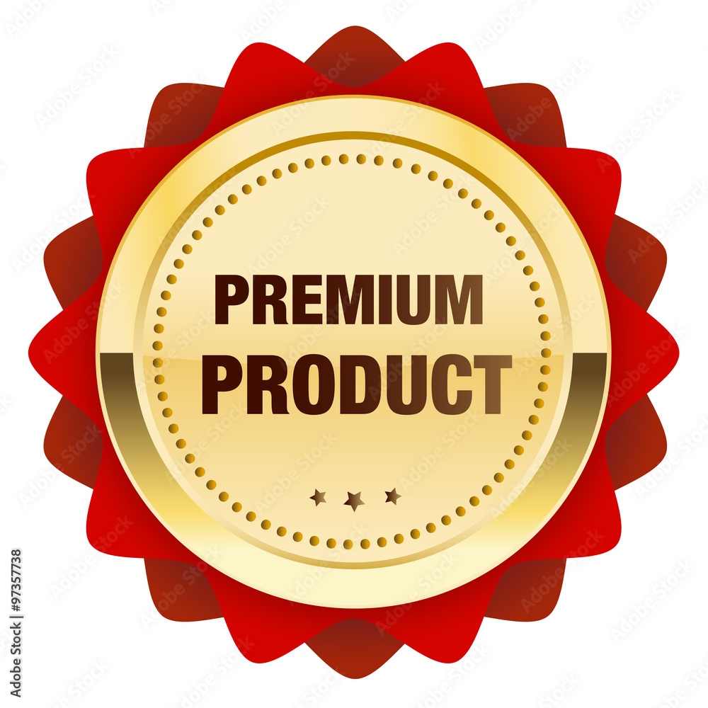 Premium product seal or icon. Glossy golden seal or button with stars and red color. Premium product seal or icon. Glossy golden seal or button with stars and red color.