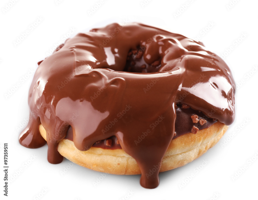 Delicious baked doughnut with melted chocolate topping, isolated on white Delicious baked doughnut with melted chocolate topping, isolated on white