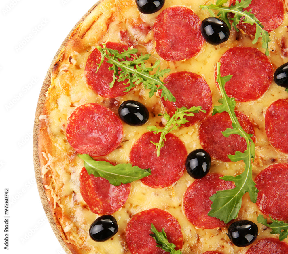 Pepperoni pizza with olives and arugula, isolated on white Pepperoni pizza with olives and arugula, isolated on white