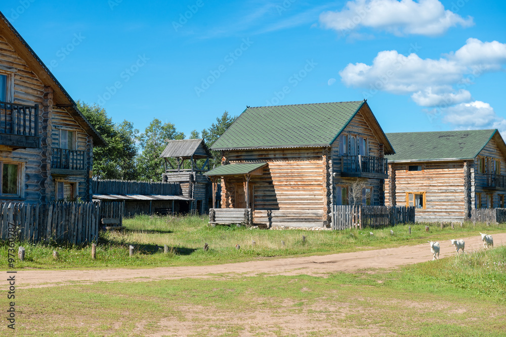 Obraz premium Fences palisade around the village with watchtowers