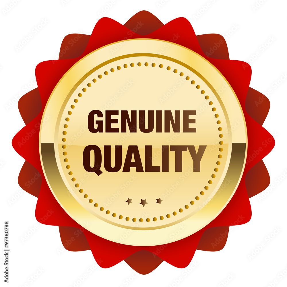Genuine quality seal or icon. Glossy golden seal or button with stars and red color. Genuine quality seal or icon. Glossy golden seal or button with stars and red color.