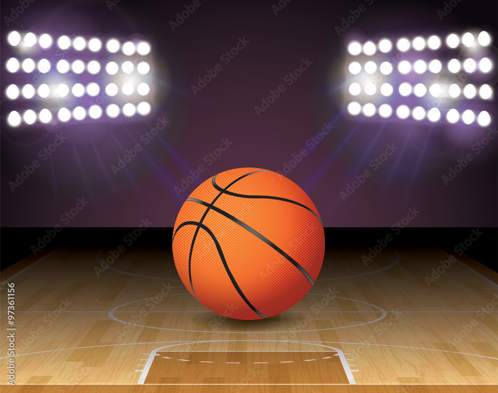 Fototapeta premium Basketball Court Ball Lights and Hoop Illustration