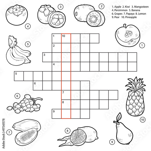 Vector crossword, game for children about fruits