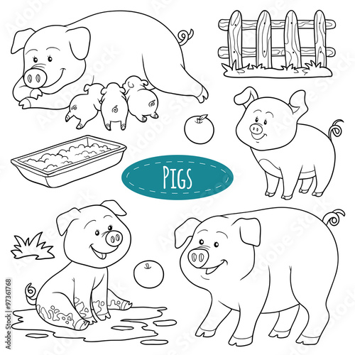 Set of cute farm animals and objects, vector family pigs photo