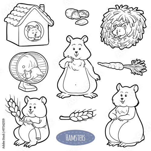 Colorless set of cute domestic animals and objects (hamster)