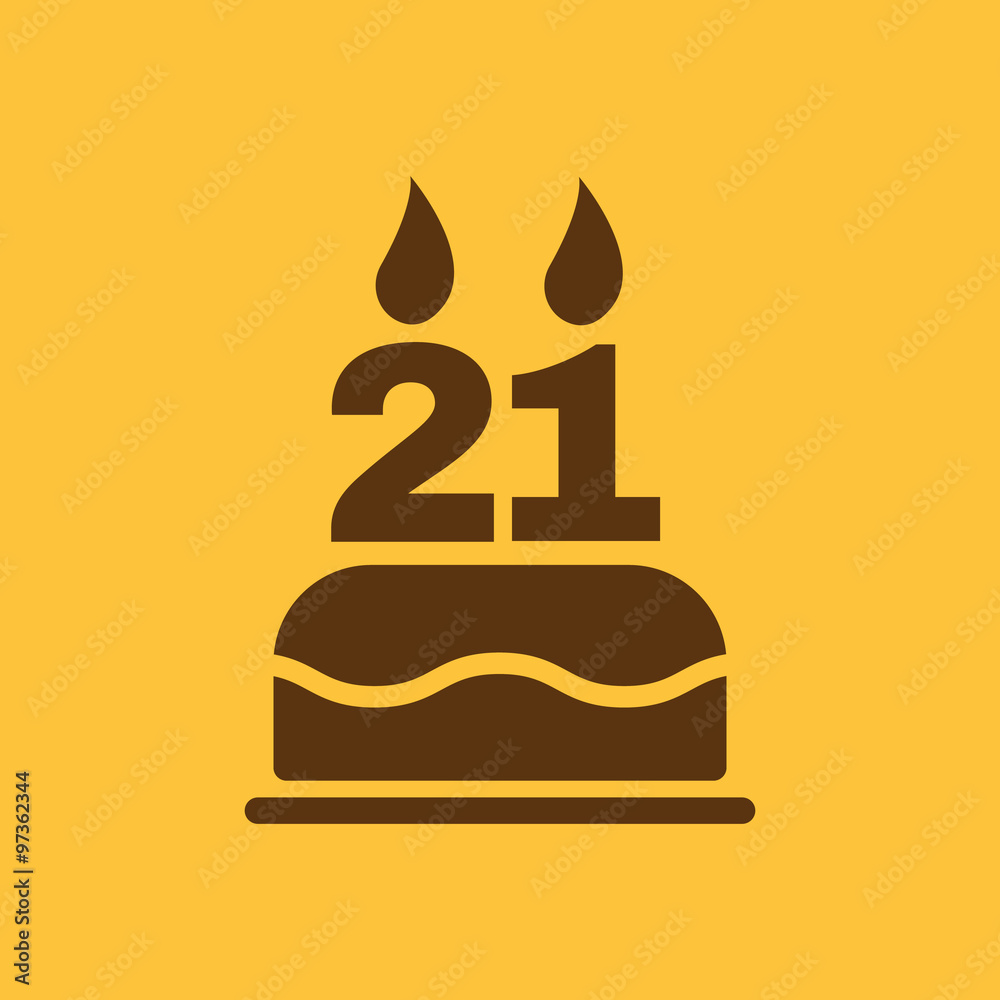The birthday cake with candles in the form of number 21 icon. Birthday symbol. Flat The birthday cake with candles in the form of number 21 icon. Birthday symbol. Flat