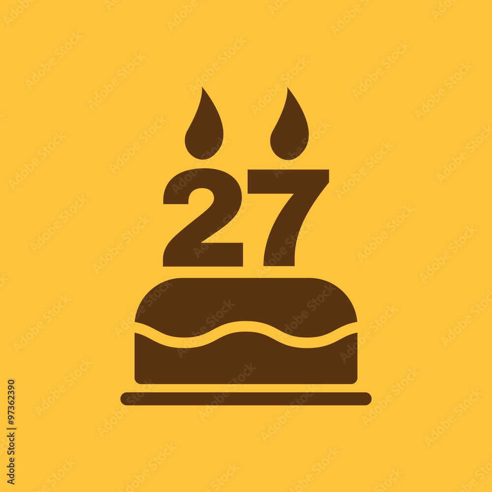 The birthday cake with candles in the form of number 27 icon. Birthday symbol. Flat The birthday cake with candles in the form of number 27 icon. Birthday symbol. Flat