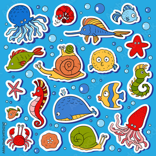 Set of vector ocean animals, stickers of fish