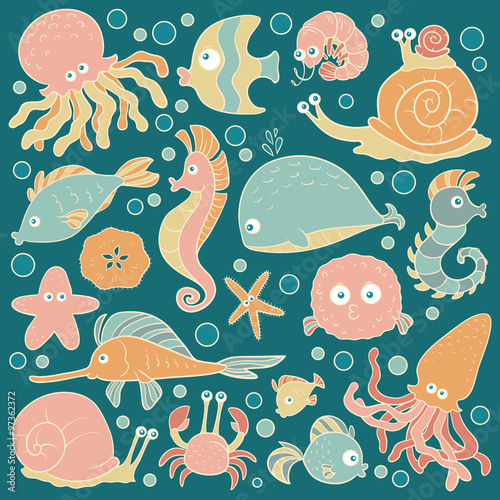Set of vector ocean animals, stickers of fish