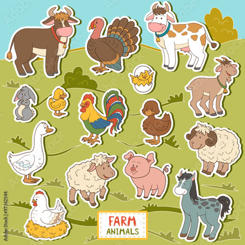 Colorful set of cute farm animals and objects, vector stickers w
