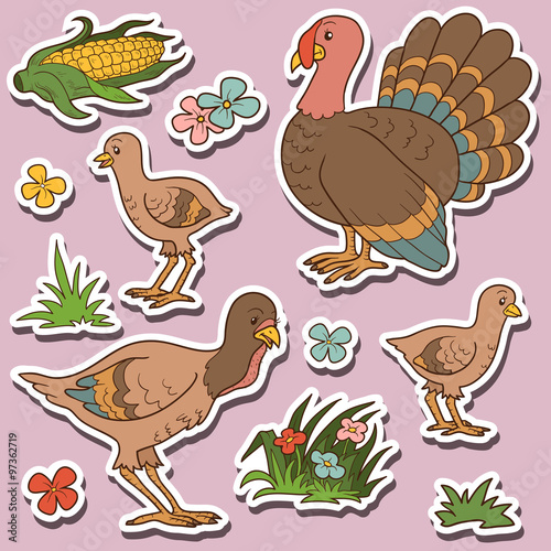 Farm animals set, vector stickers with turkey family and farm it