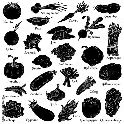 Shadow set with vegetables, vector cartoon stickers