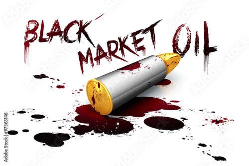 Canvas Print Black market oil Petroleum illustration of bullet with red blood drips and crude