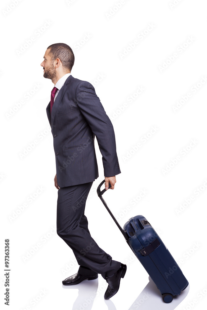 Business man walking with suitcase on white background Business man walking with suitcase on white background
