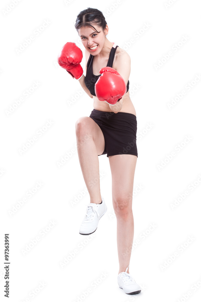 Boxer - Full length fitness woman boxing wearing boxing gloves on white background.
