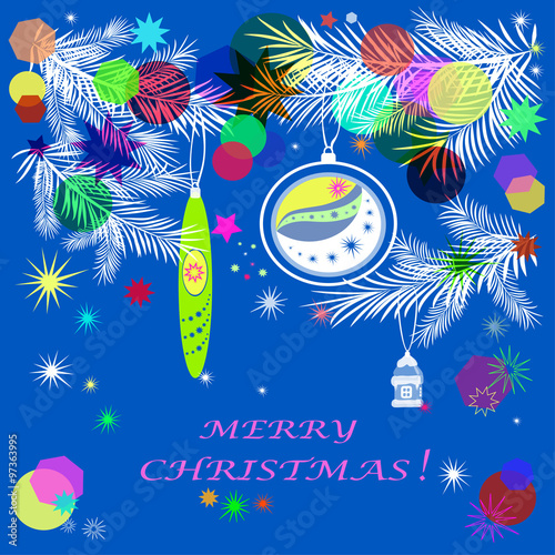 Merry Christmas card.Christmas card on a blue background with white fir branches with Christmas toys and confetti greeting.