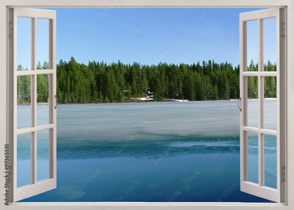 Open window view to lake with ice - obrazy, fototapety, plakaty 