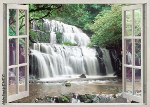 Open window view to famous Purakaunui Falls, New Zealand